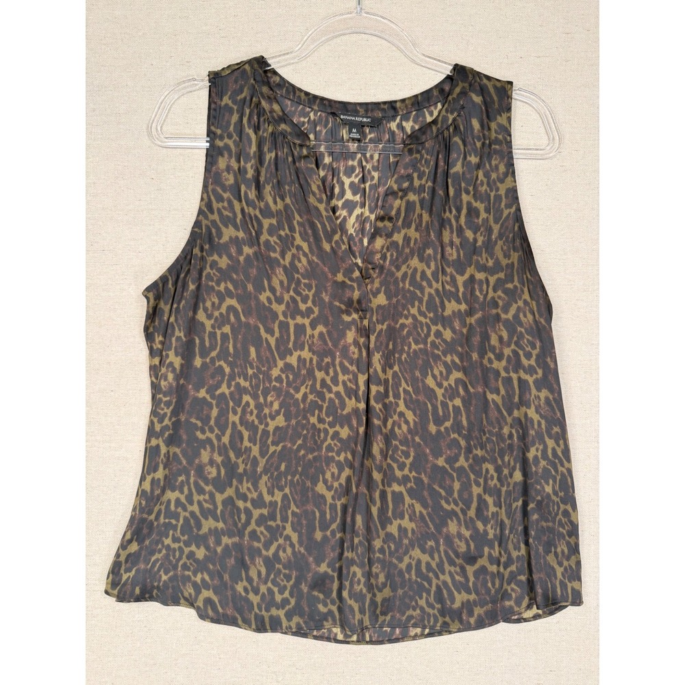 Banana Republic Womens Leopard Print Sleeveless Blouse Split V-Neck M